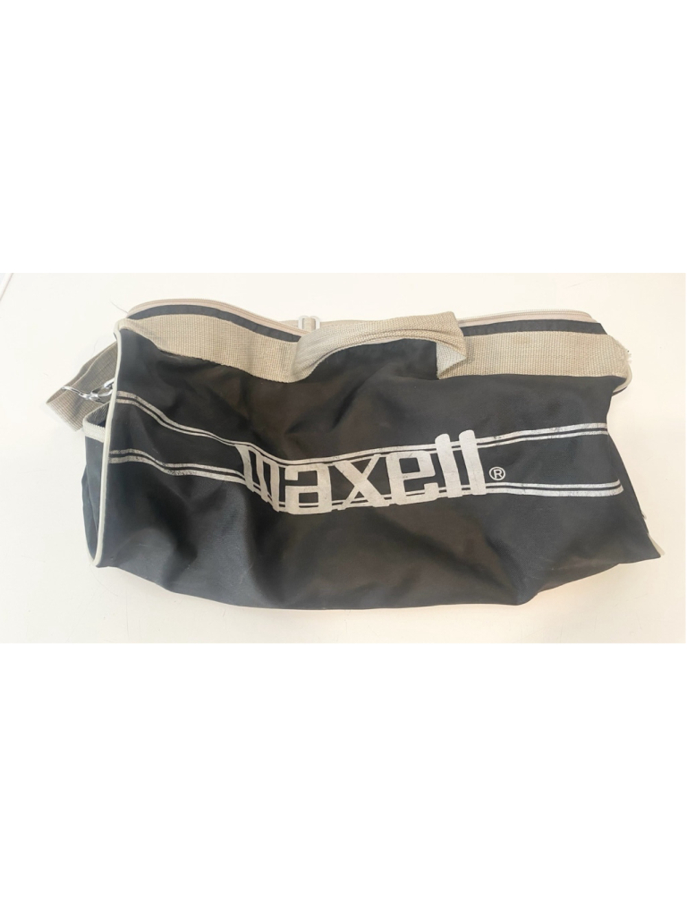 Vintage Maxell Promotional Duffel Bag Black Gray 18” Shoulder Strap Preowned